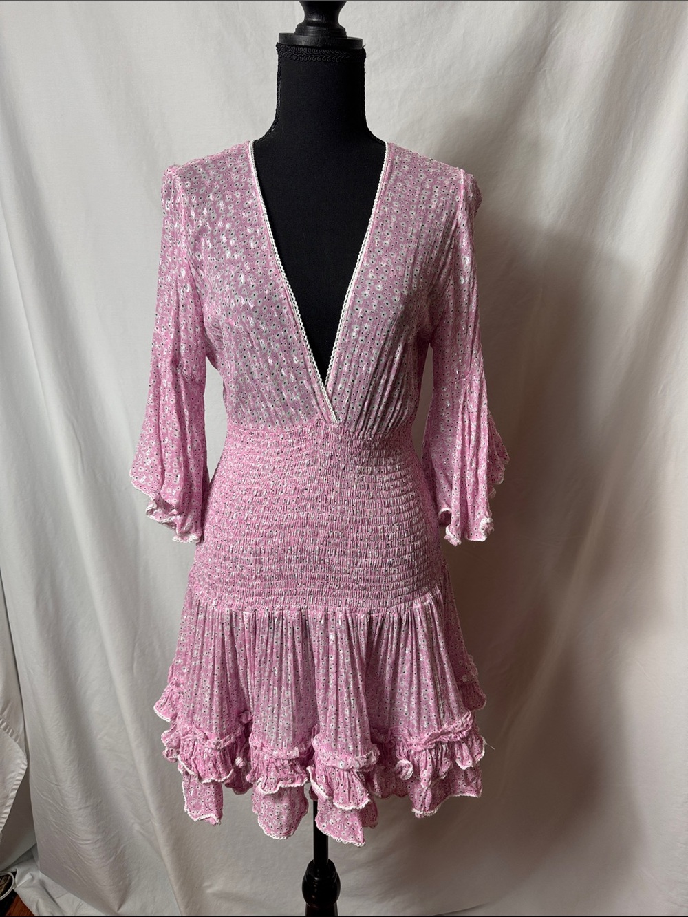 Sunday Saint Tropez Smocked V-Neck Pink Floral Mini Dress
